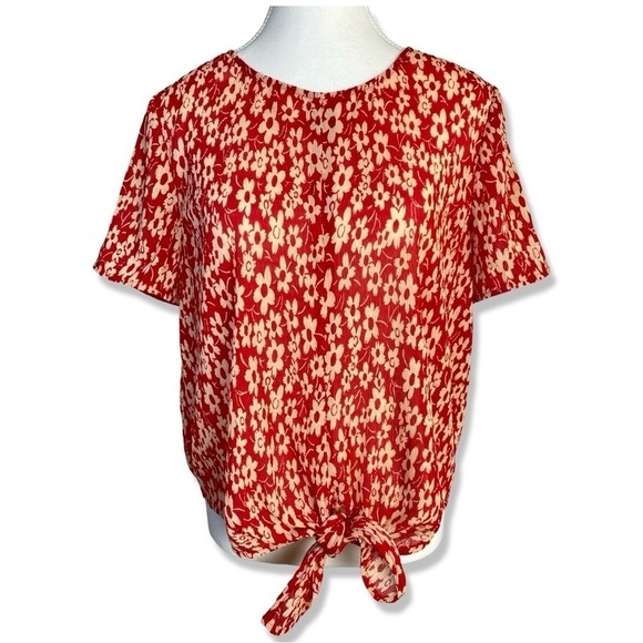 ⭐️MADEWELL Red and Cream Lightweight Floral Tie Front Blouse size S - Picture 1 of 7